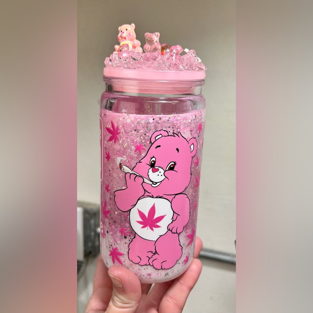 Custom Pink Lava Glitter Drip Care Bear Tumbler